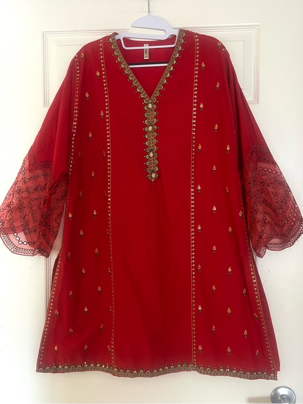 ETHNIC By Outfitters Red Kurta L Pakistani Embroidered Festive Tunic Top Regal
